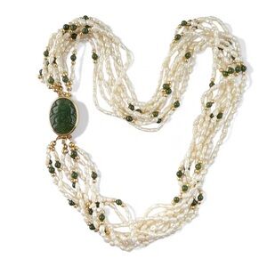 Vintage 8 Strand Rice Pearl Jade Sterling Silver Carved Floral Clasp Necklace
